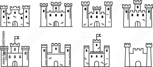 Castle Icon Set with Medieval Fortress Buildings Towers and Stronghold Structures Outline Vector Collection for History Fantasy Game and Architecture Design