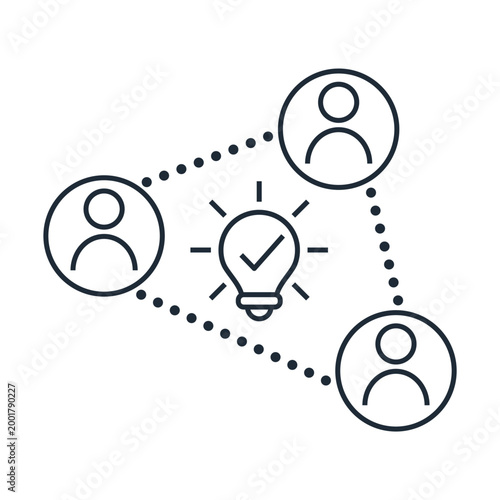 Connection and communication between people and ideas. Collaboration, idea exchange, or teamwork.Vector linear icon isolated on white background.