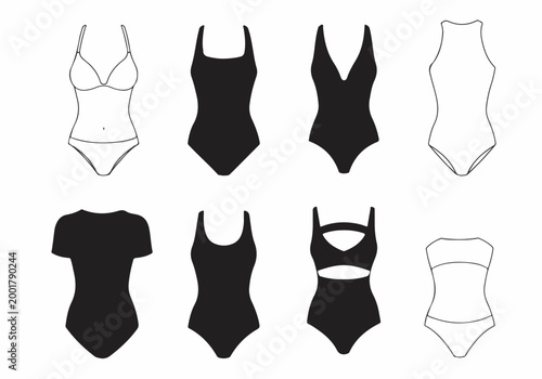 Set of eight women's swimsuit and bodysuit silhouettes and outlines, featuring various styles like one-piece, bikini, and cut-out designs for fashion design templates.