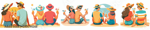 vector of a couple sitting together drinking iced orange juice on the beach during summer back view