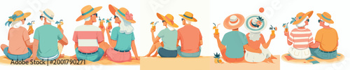 vector of a old couple sitting together drinking iced orange juice on the beach during summer back view