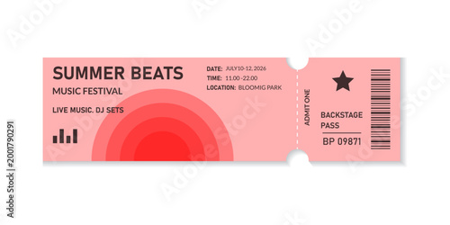 Modern musical festival ticket  isolated on transparent background. Minimalistic music consert coupon. Decorative element for summer events and festivals. Admit one ticket. Vector illustration.