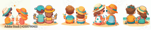 vector of a two children sitting together drinking iced orange juice on the beach during summer back view