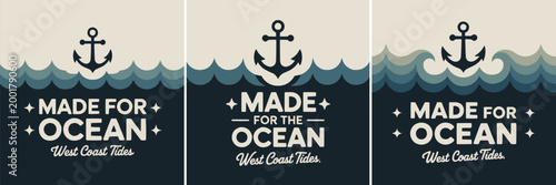 Three nautical style logo designs featuring anchor icons and stylized ocean waves