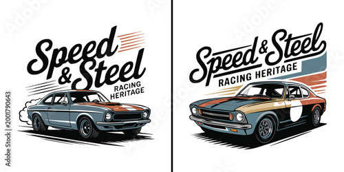 Classic muscle cars displayed with vintage racing heritage typography and graphic design elements