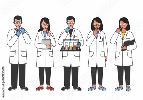 Group of diverse scientists in white lab coats tasting samples and conducting experiments, flat vector illustration on white background.