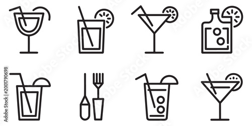Cocktail and Bar Menu Icons – Black and White Vector Set
