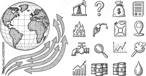 Global Oil Economy Illustration with World Map Arrows and Petroleum Industry Icons Sketch Style Vector Collection for Energy Market Finance and Resource Analysis
