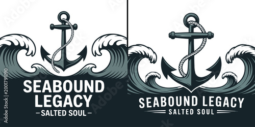 Vintage emblem featuring a nautical anchor centered within large crashing ocean waves