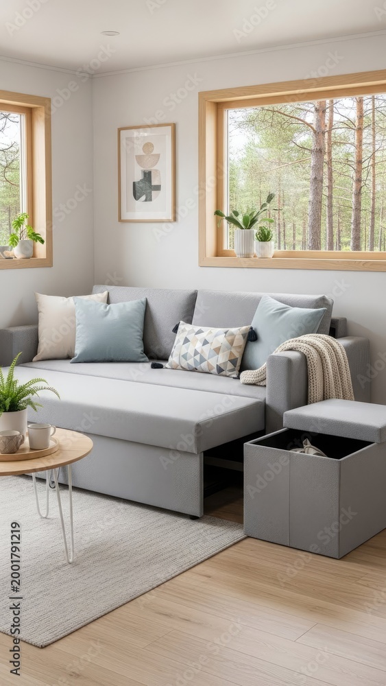 Fototapeta premium Cozy Living Room with Convertible Sofa and Natural Light.