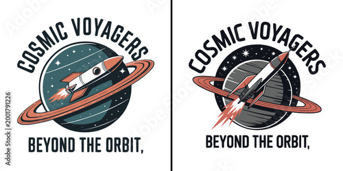 Canvastavla Vintage cosmic voyagers badge featuring a rocket ship orbiting a ringed planet