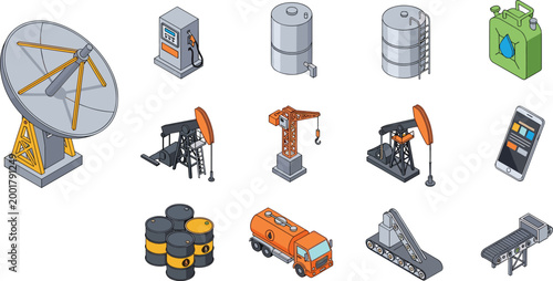 Isometric Oil Industry Icon Set with Pumpjack Refinery Equipment Tanker Truck and Fuel Station Vector Collection for Energy Production and Industrial Design