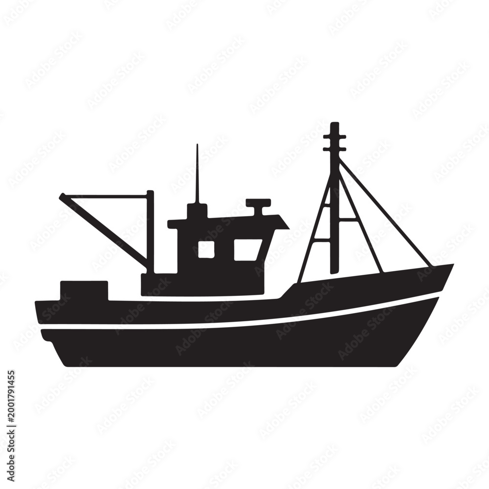 Obraz premium Black fishing boat trawler silhouette vector illustration isolated on white background