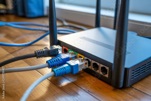 A close-up of a wireless router with multiple Ethernet cables plugged in, placed on a wooden surface near a window.