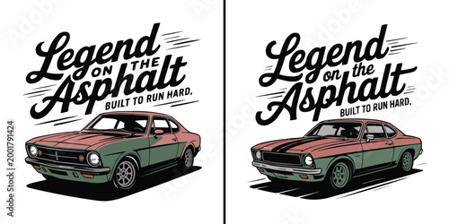 Classic vintage muscle car illustration with bold typography for apparel design graphics