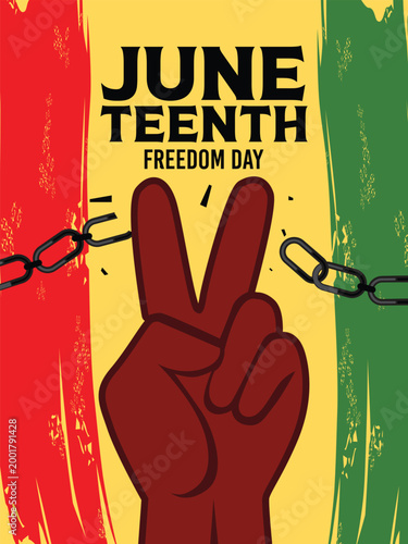Juneteenth Freedom Day Poster with Peace Hand Gesture and Broken Chains Background
