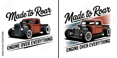 Vintage hot rod pickup truck graphic design with bold engine over everything text