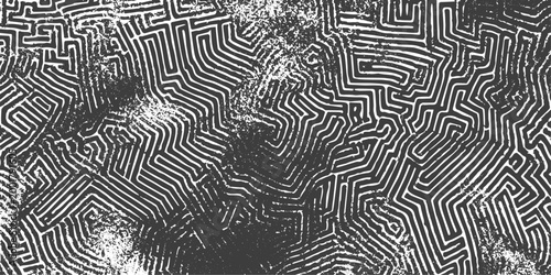 Abstract Black and White Distressed Maze Pattern Background with Grunge Texture and Labyrinthine Lines