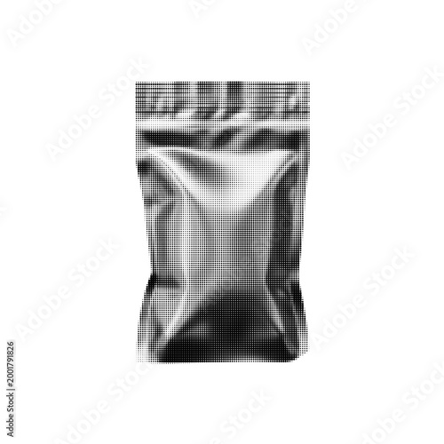 Halftone plastic zipper bag with contents in black, dotted packaging illustration on light background, minimal graphic design, storage and packaging concept.