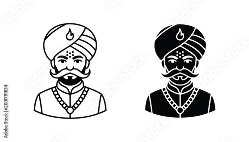 Indian man with turban and mustache outline and solid black vector portrait