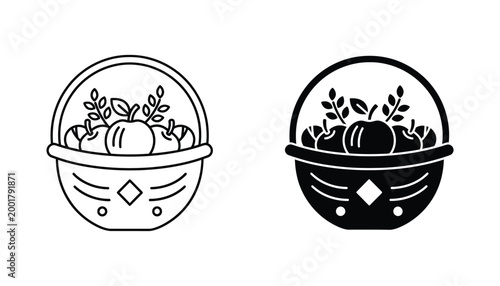 Harvest basket filled with ripe apples and autumn leaves simple line art vector illustration and solid silhouette graphic