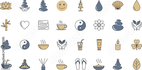 Spa Wellness Icon Set with Stones Candle Tea Yin Yang Lotus and Relaxation Symbols Soft Color Vector Collection for Beauty Therapy and Meditation Design