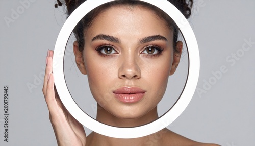 Beautiful woman with flawless skin posing with ring light.