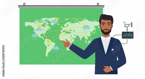 Male meteorologist in a suit presenting a global weather forecast on a green screen world map, showing various weather conditions across the continents.