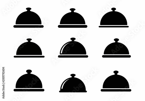 Set of minimalist black silhouette dish cover icons representing dining and catering service on a clean white background.