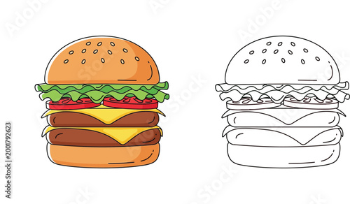 Double Cheeseburger Vector Illustration with Color and Line Art Version - Delicious Fast Food Burger Icon for Restaurant Menu and Kids Coloring Page Activity