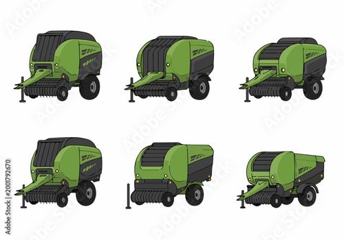 Set of green and black agricultural round baler illustrations from different angles and perspectives, isolated on a white background.