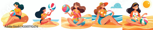 vector woman sitting on sand beach playing beach ball on summer