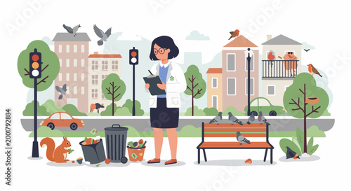 An environmental researcher monitors urban wildlife and waste management in a city park, recording observations on a clipboard among pigeons, squirrels, and litter.