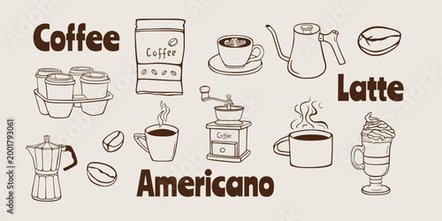 Coffee Beans and Drinks Hand Drawn Set, Coffee making