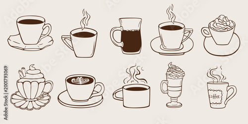 Set of hand drawn illustrations of coffee drinks and cups