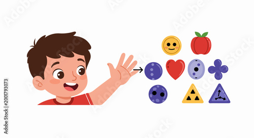 Cute cartoon boy pointing to a collection of colorful shapes and symbols, perfect for children's educational materials and interactive learning activities.
