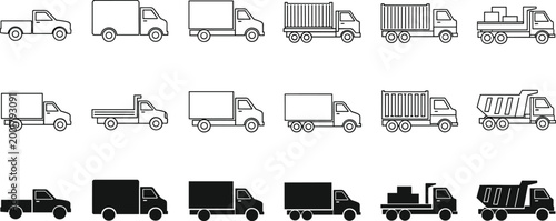 Truck Icon Set with Delivery Pickup Cargo and Transport Vehicles Outline and Solid Vector Collection for Logistics Shipping and Freight Design