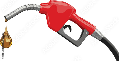 Fuel Nozzle with Oil Drop Illustration Red Gas Pump Handle Vector Design for Petroleum Industry Energy Supply and Automotive Refueling Concept