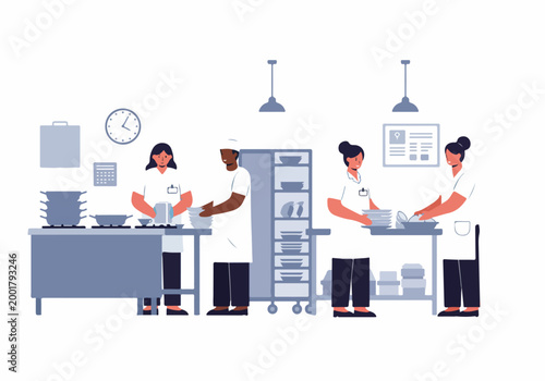 Vector illustration of a diverse professional kitchen team working together to prepare meals and organize dishes in a clean commercial environment.