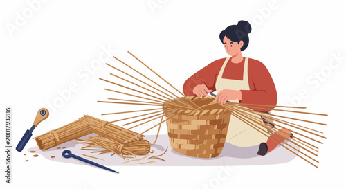 Woman artisan weaving a traditional wicker basket by hand, illustration of a craft workshop with tools and materials on white background.