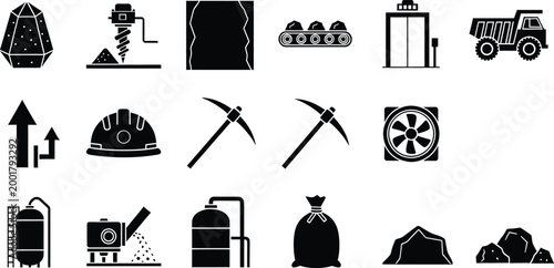 Set of black mining industry icons featuring equipment tools and raw minerals for work