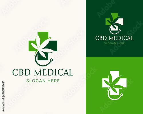 CBD Medical Logo Design With Cannabis Leaf And Medical Cross For Healthcare logo design vector