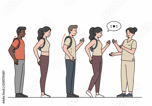 Illustration of a medical professional explaining correct backpack posture and ergonomic strap adjustment to a group of young people for back health.