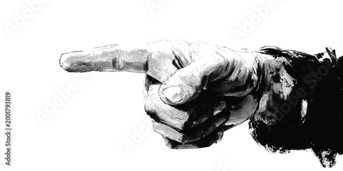 Black and white painted hand pointing left with textured brush strokes against a white background