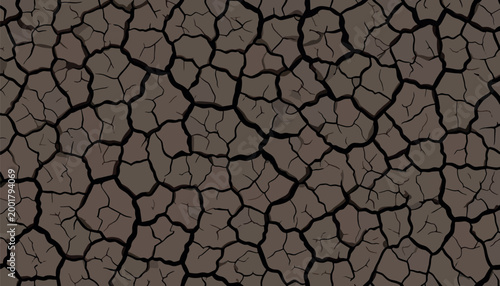 Dark dry cracked earth texture forming a natural polygon pattern in arid soil vector. Detailed desert ground background representing drought, climate change, dryness and environmental crisis.