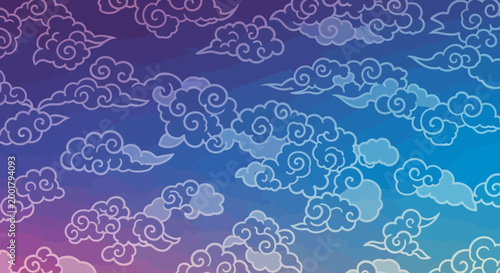 Traditional Indonesian Mega Mendung Batik Cloud Pattern: Elegant Blue and Purple Gradient Background with Oriental Ethnic Ornament for Textile and Digital Art Design