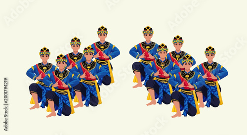 Group of Traditional Asian Folk Dancers in Blue and Gold Costumes Performing Classical Ceremony