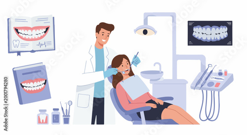 Flat vector illustration of a professional dentist examining a patient's teeth in a clinic with dental tools and X-rays.
