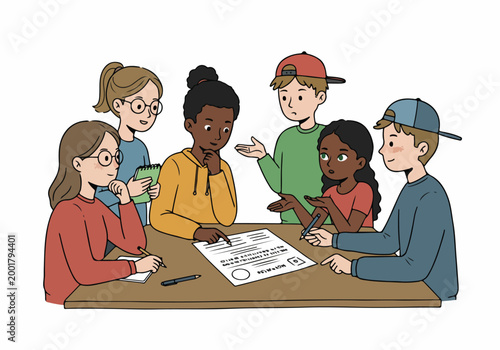Diverse group of children collaborating on a school project around a table, flat illustration isolated on white background.