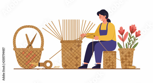 Artisan woman handcrafting traditional wicker baskets in her workshop, surrounded by finished woven products and colorful flowers in a flat illustration style.